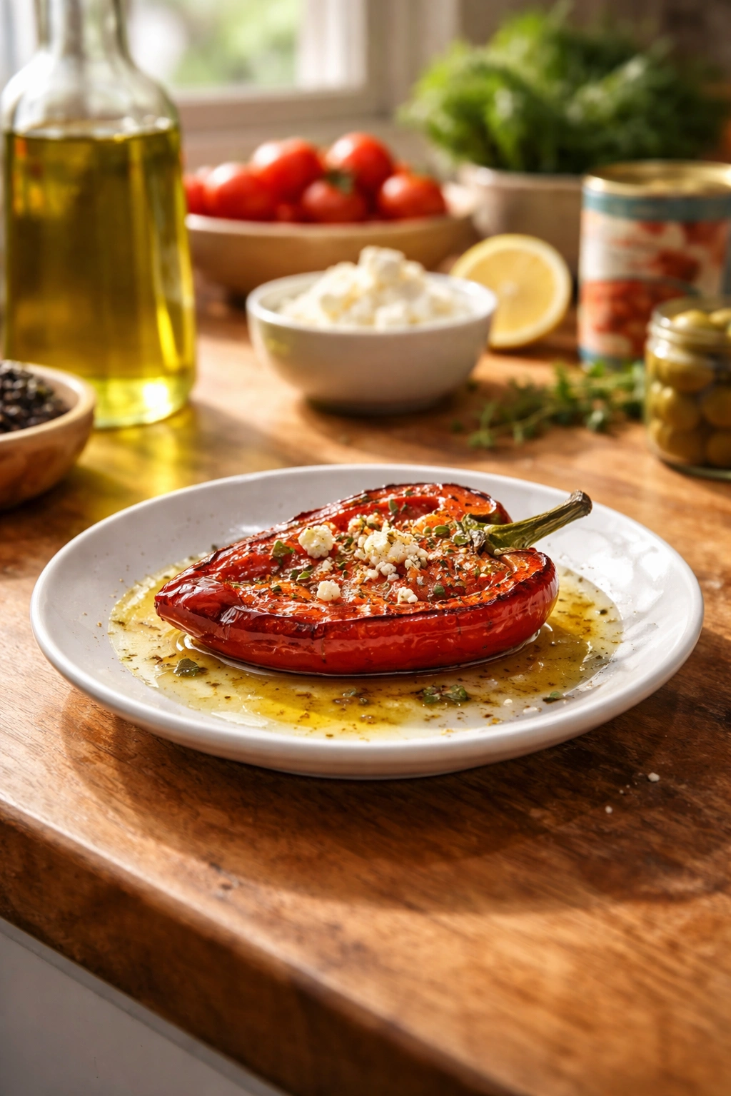 Close-up of a single roasted vegetable on a plate with olive oil on a wooden counter