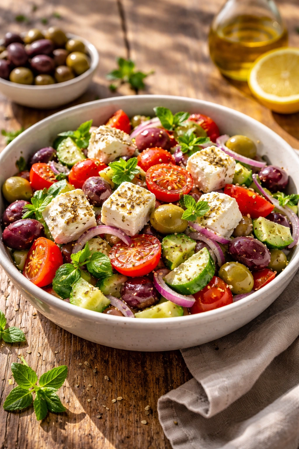 Bright Greek salad bowl highlighting fresh feta, olives, and vegetables
