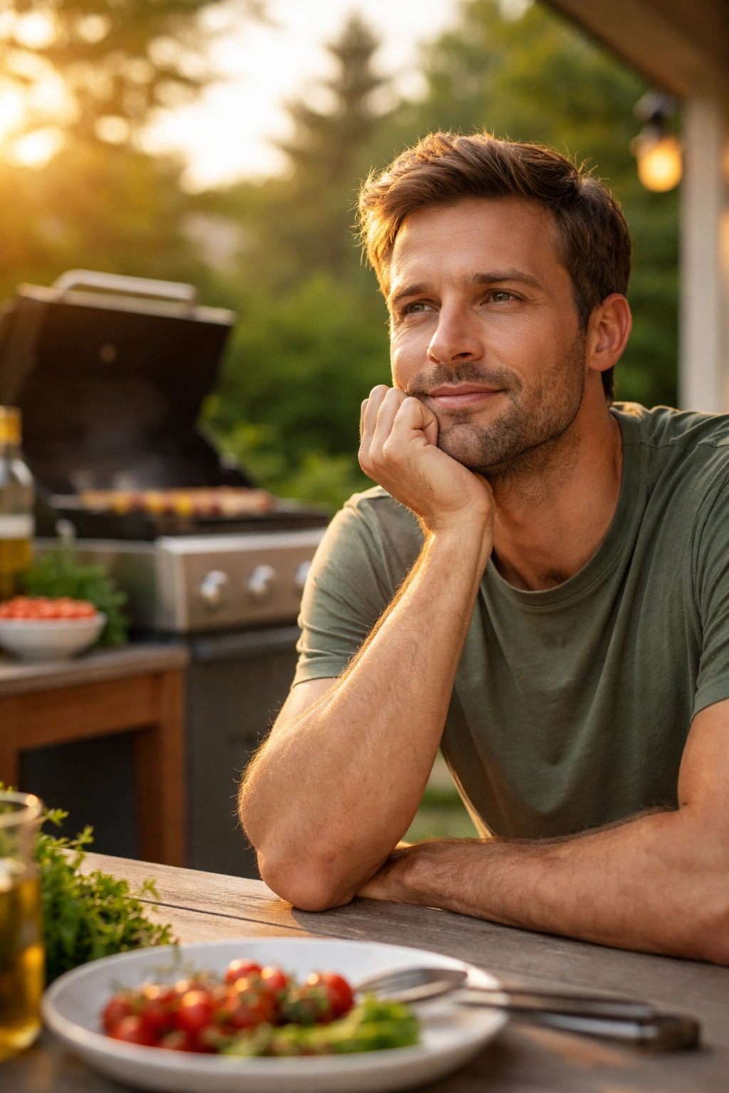 Outdoor grilling scene with a thoughtful person near a grill in warm evening light