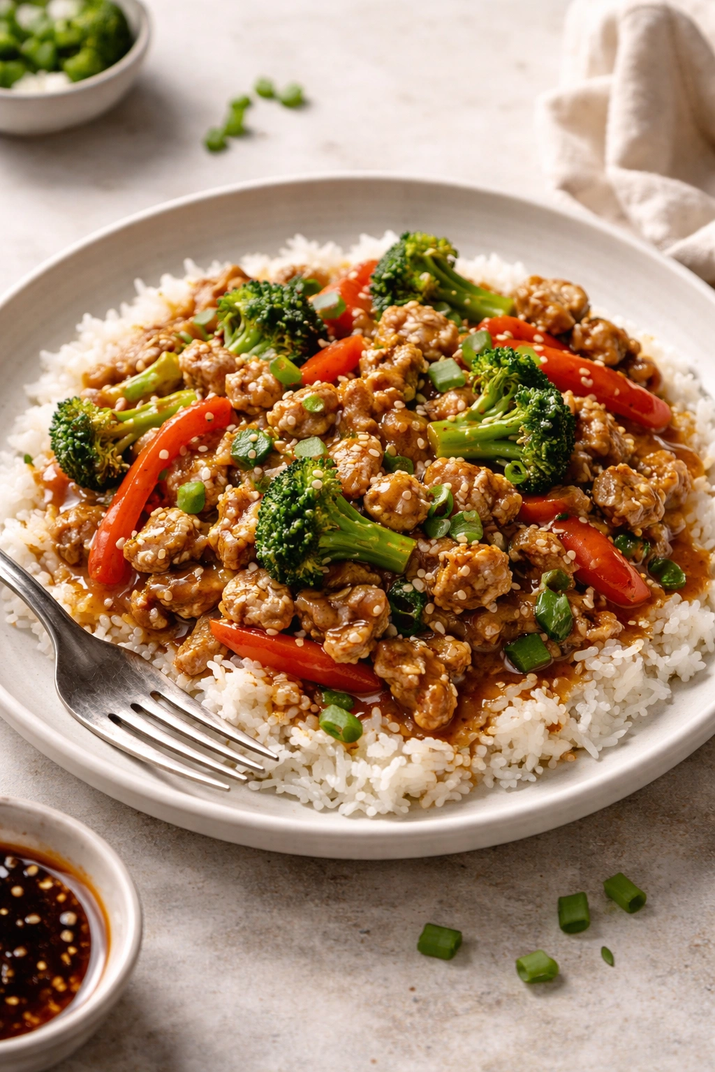 Finished ground turkey dish plated elegantly