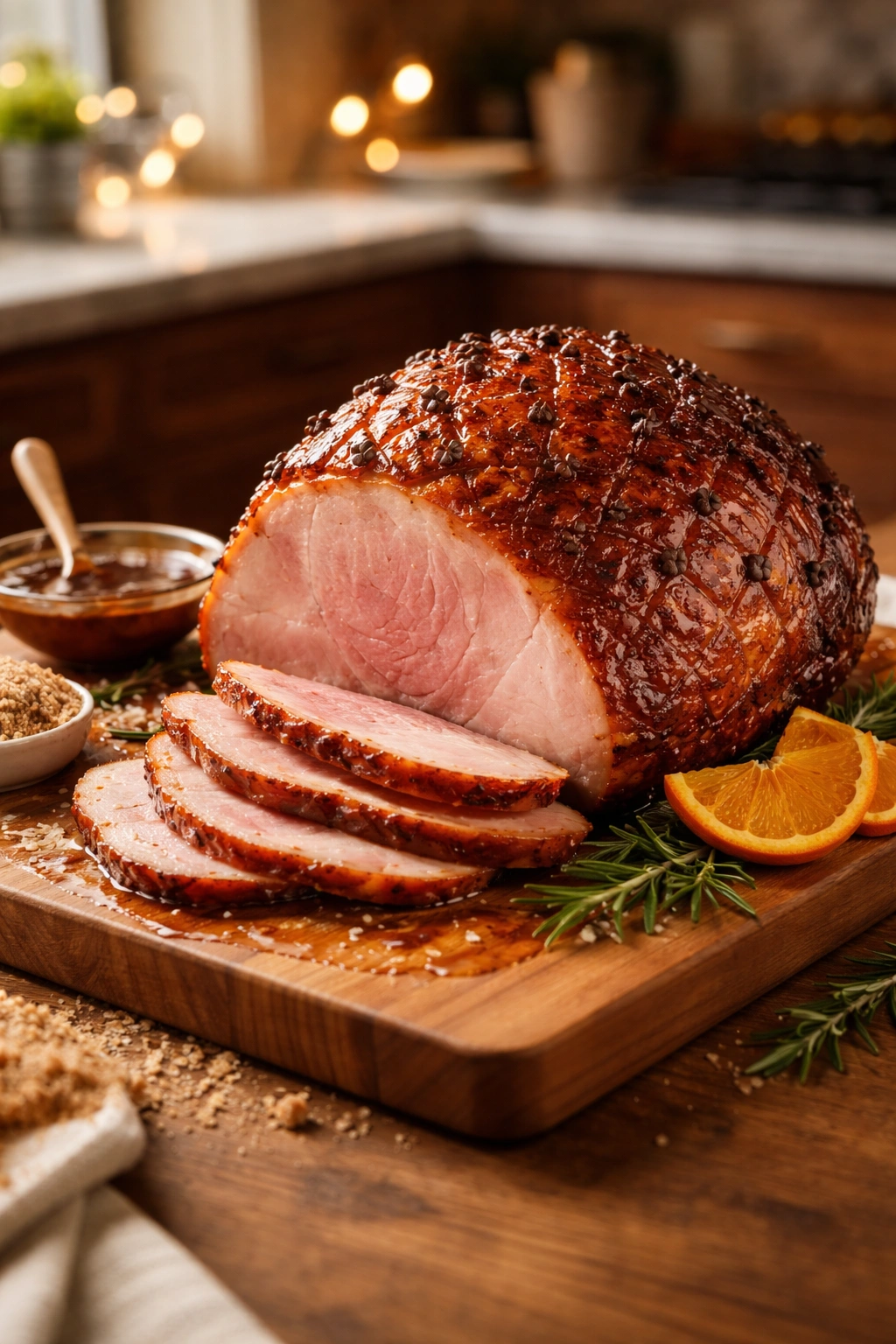 Glossy glazed ham on wooden board in warm kitchen