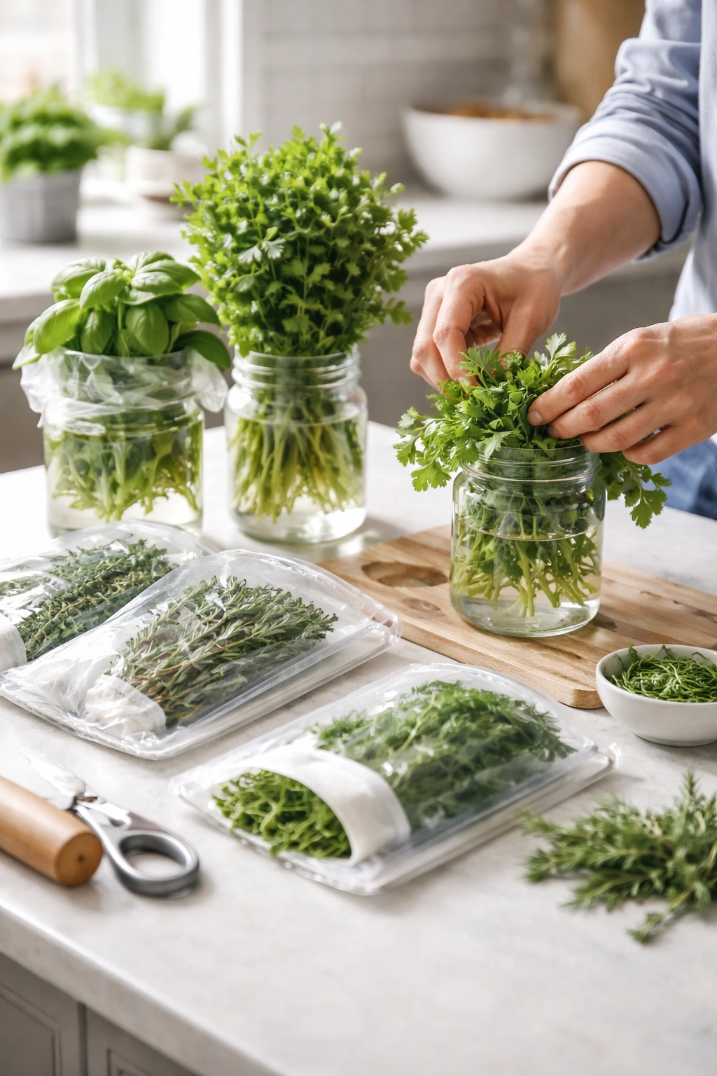Hands with fresh herbs on a clean counter, illustrating ongoing herb storage maintenance