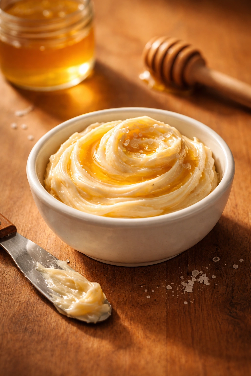 Minimal still life of honey butter on a warm wooden surface with golden light