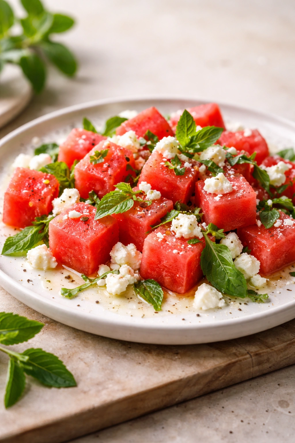 Minimalist still-life of watermelon, feta, and herbs highlighting simple ingredients