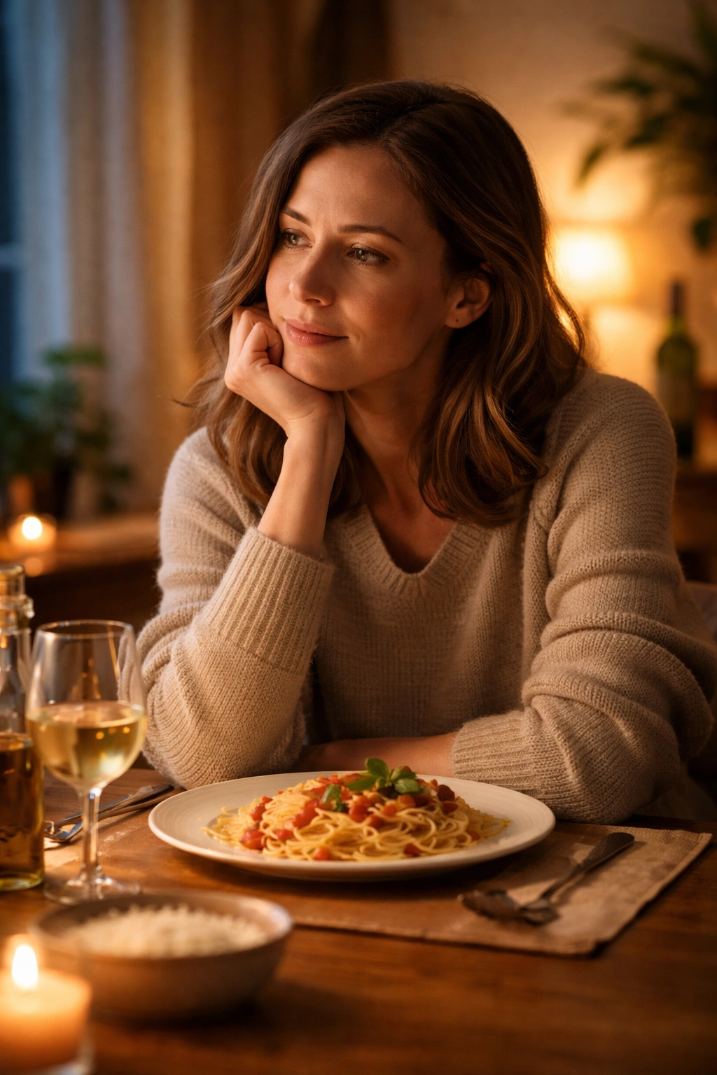 Contemplative person at a dining table reflecting on Italian weeknight dinners