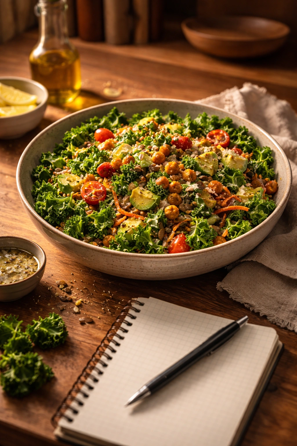 Finished kale salad in a cozy kitchen setting