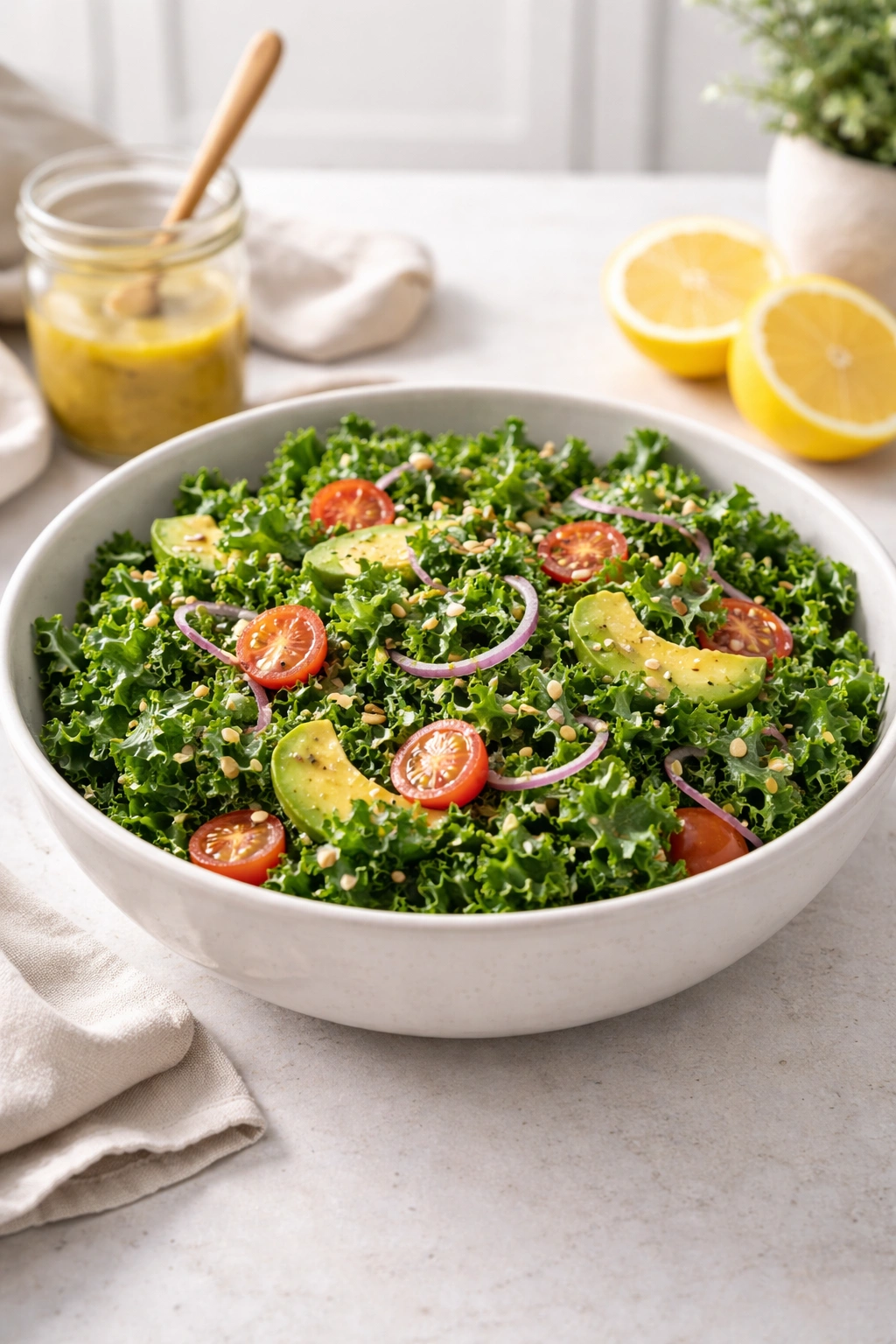 Minimal kale salad in a simple bowl, showing massaged greens and lemon dressing