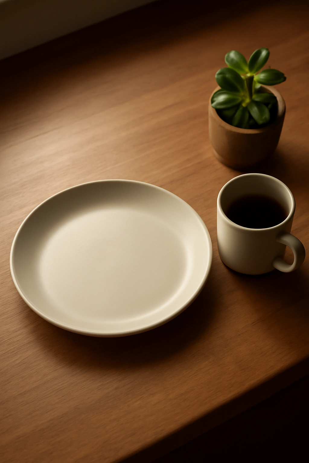 Calm kitchen counter with plate and mug reflecting on meals