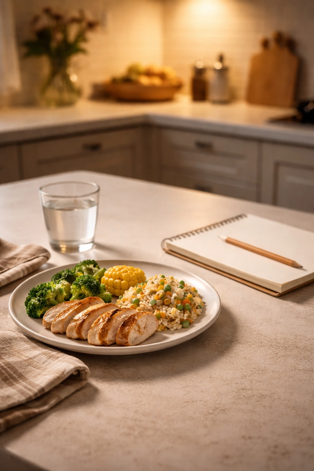 Minimalist kitchen scene with plate and notebook conveying final thoughts on meals