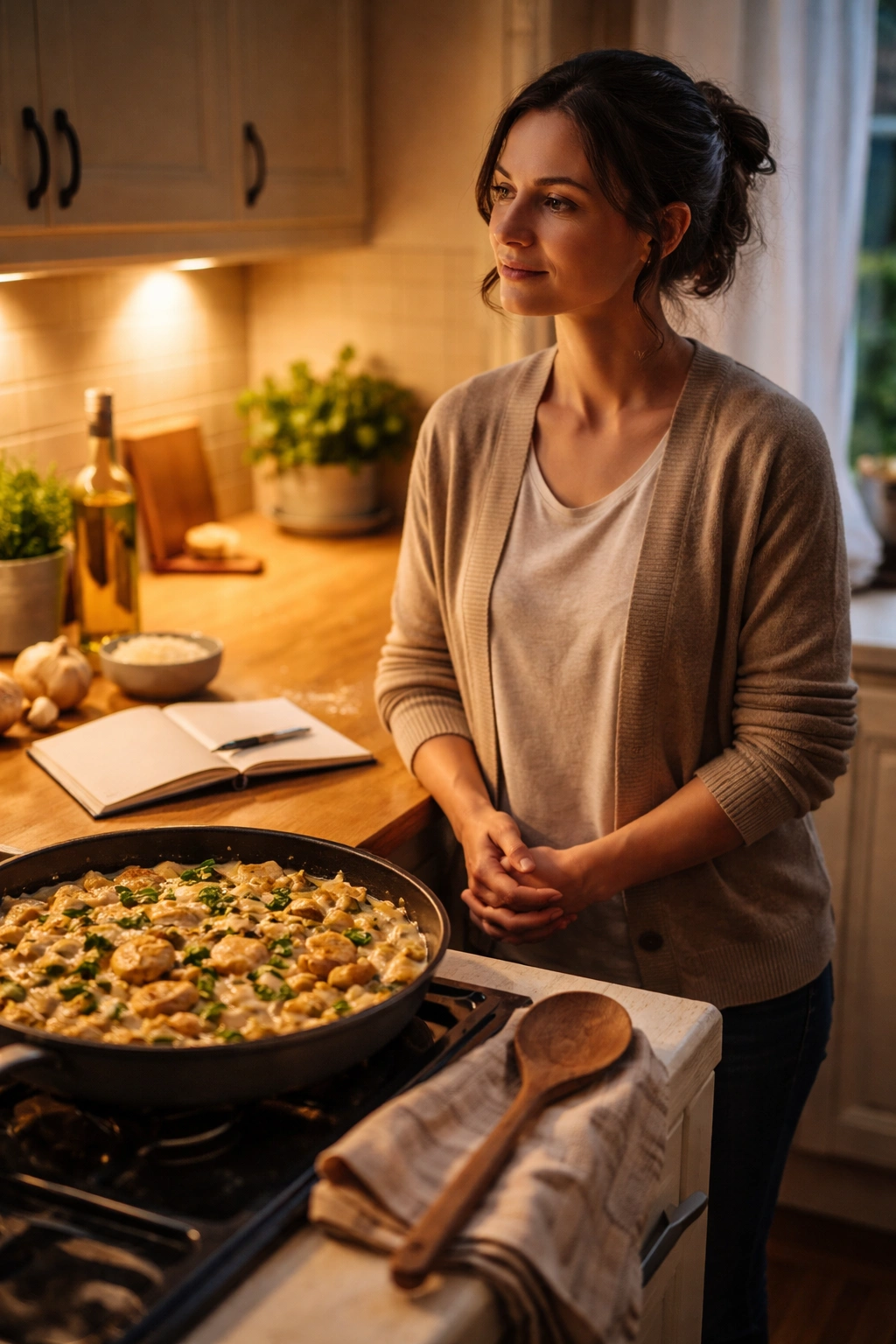 Contemplative person in a warm kitchen reflecting on the cooking moment.