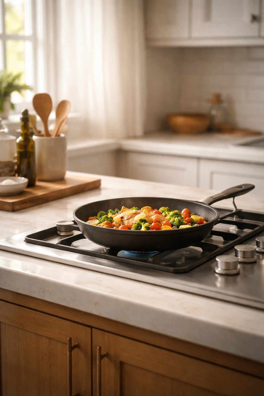 Calm kitchen with a lone pan on a clean stove