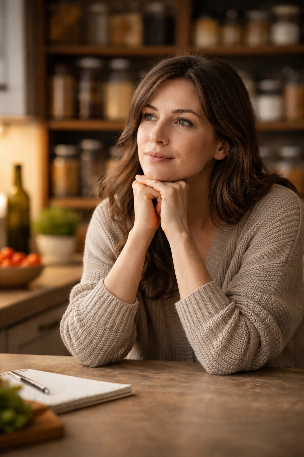 Thoughtful person in a kitchen reflecting on pantry meals