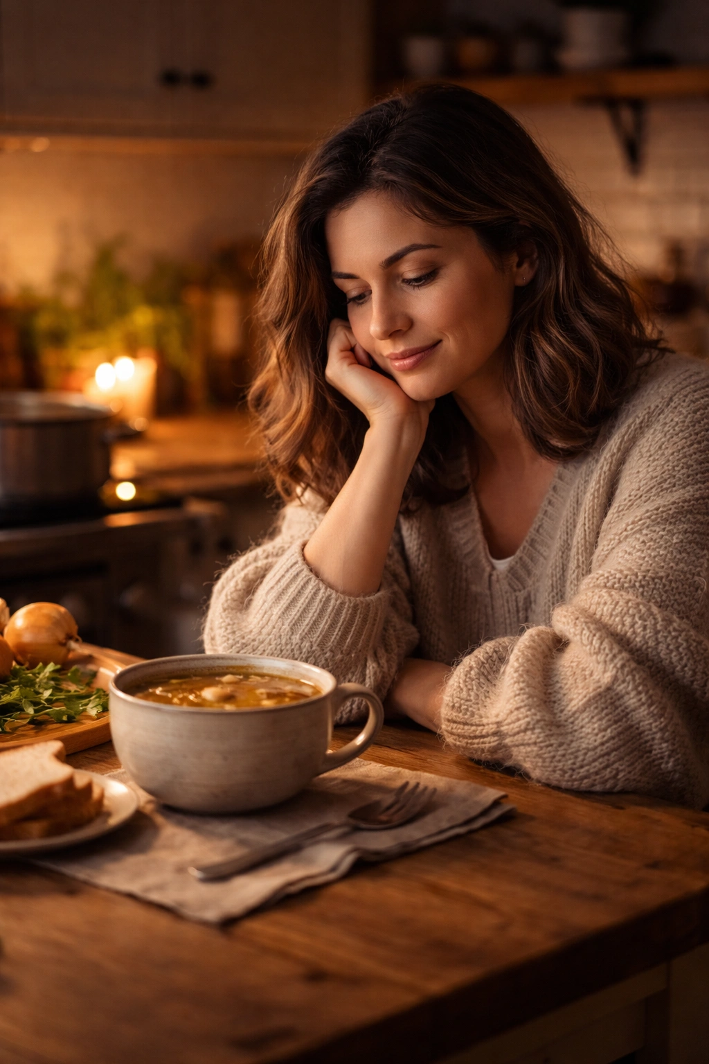Person in a cozy kitchen reflecting after cooking with warm lighting