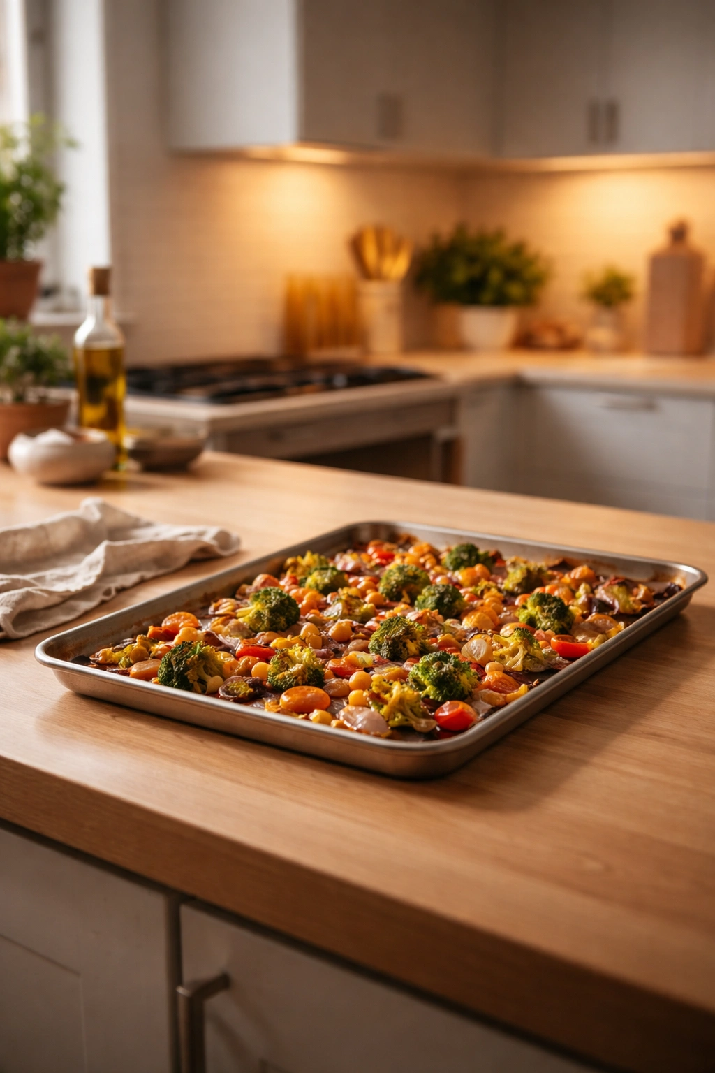 Minimalist kitchen scene with a sheet pan and warm lighting, conveying final thoughts