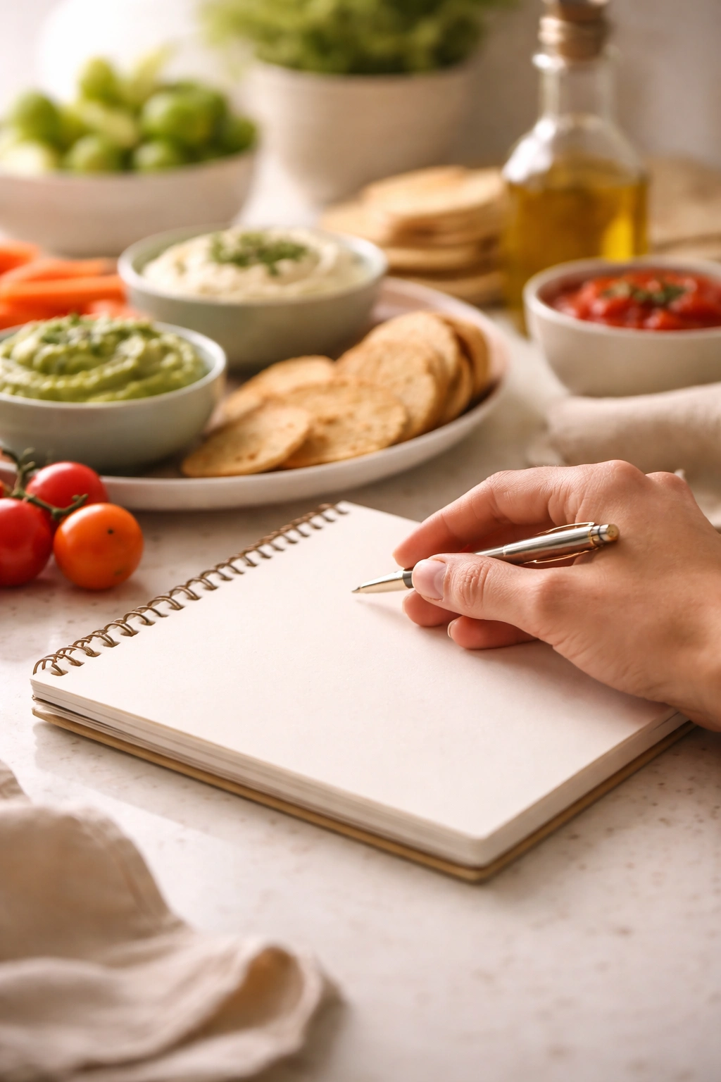 Hand on blank notebook in a bright kitchen