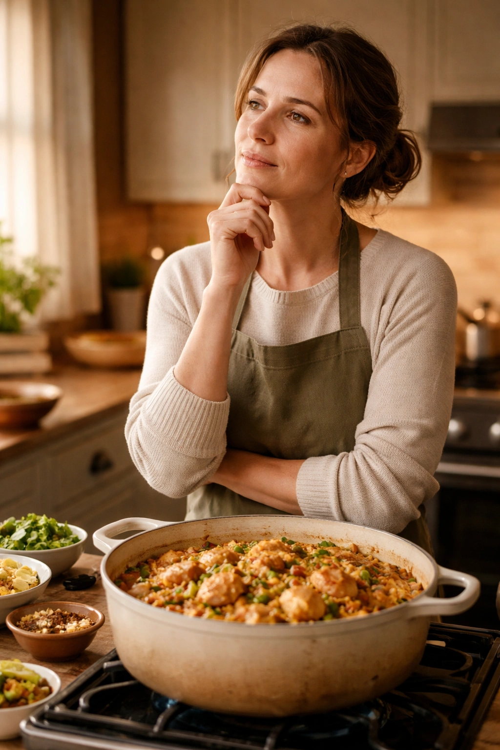 Final Thoughts: reflective home cook in a warm kitchen after making arroz con pollo