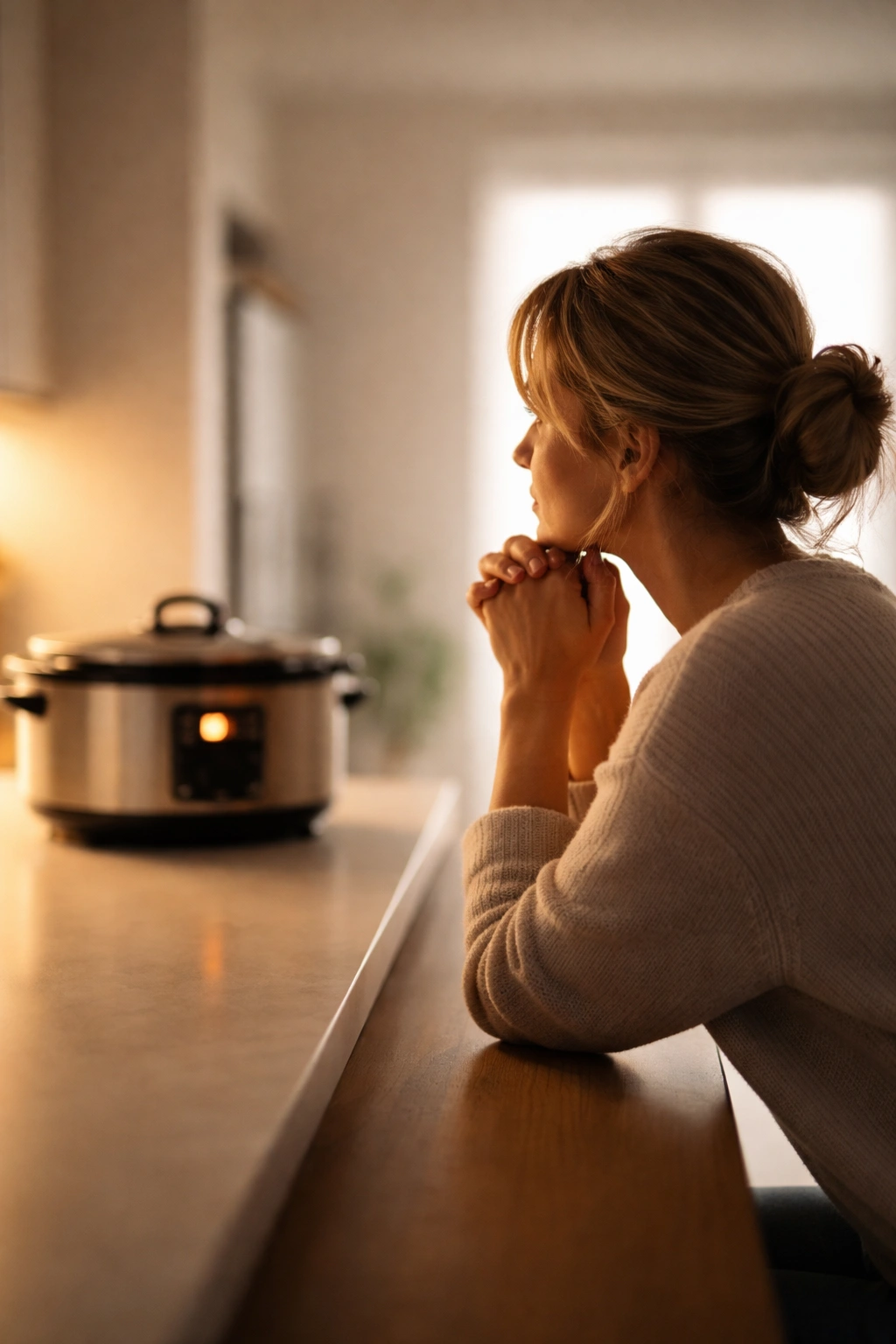 Contemplative figure in a minimalist kitchen symbolizing final thoughts about dinner