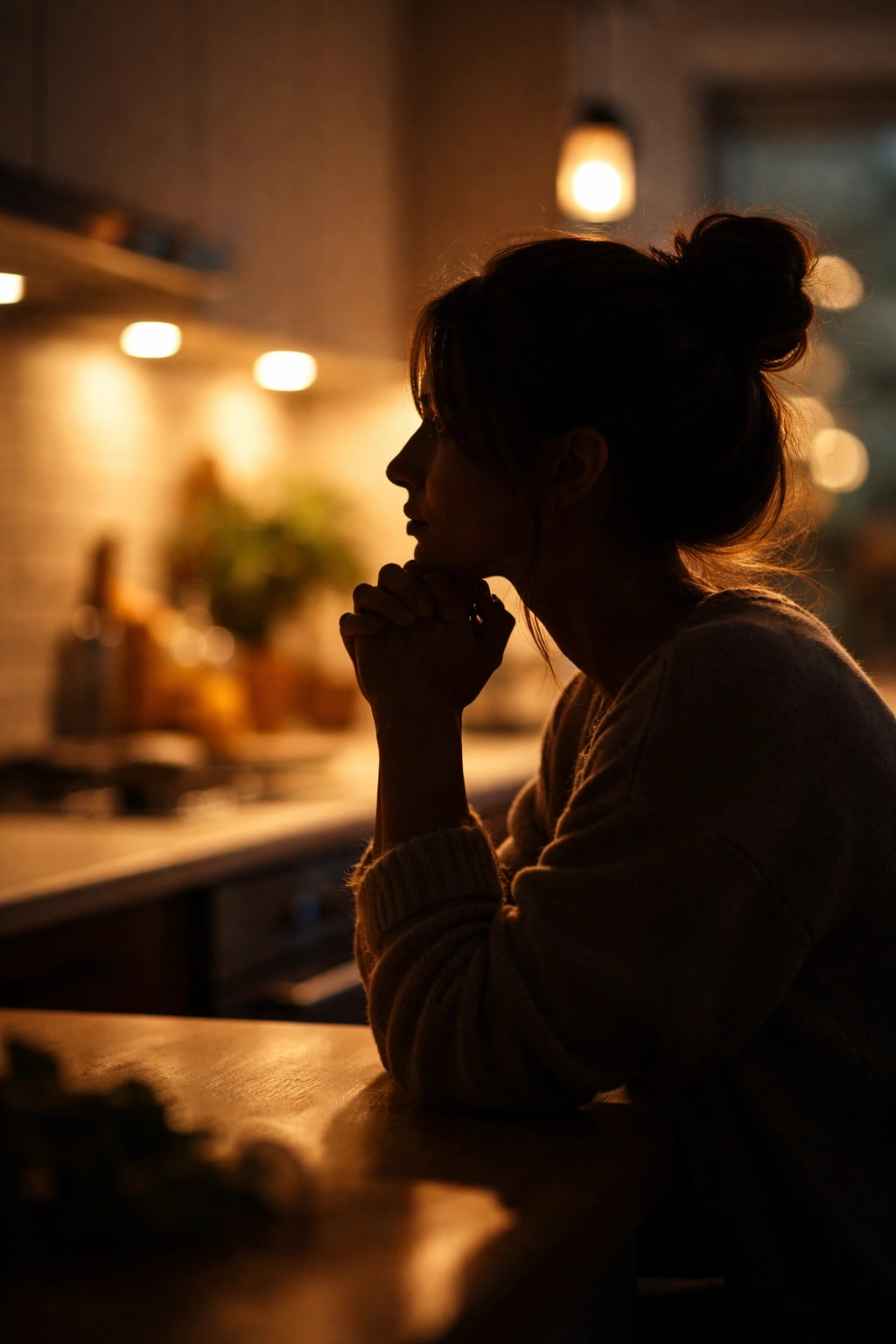 Contemplative figure in a kitchen representing final thoughts on a quick weeknight dinner