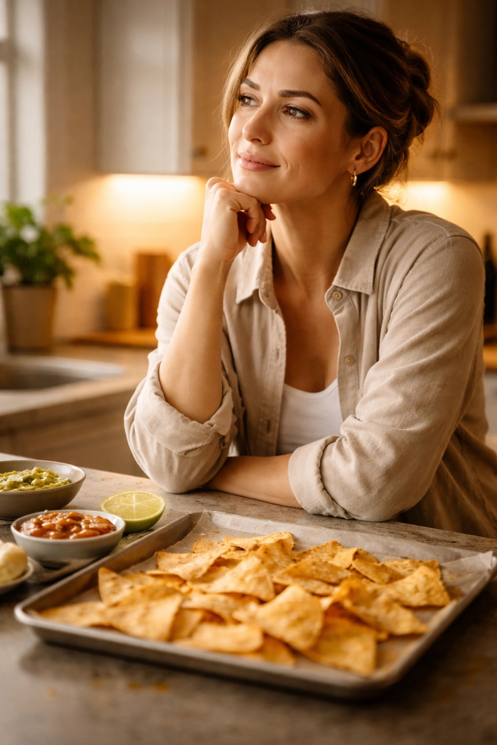 Contemplative figure in a warm kitchen representing final thoughts after baking crispy homemade tortilla chips