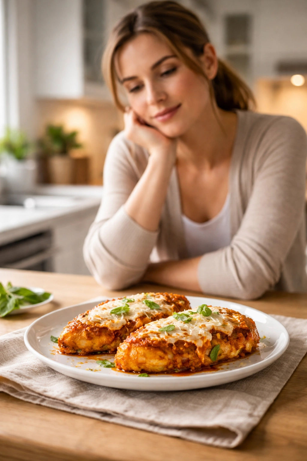 Contemplative cook admiring a finished baked chicken parmesan on a plate in a bright kitchen
