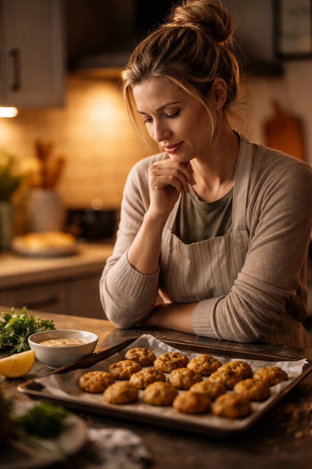 Contemplative figure in a warm kitchen reflecting on baked falafel results