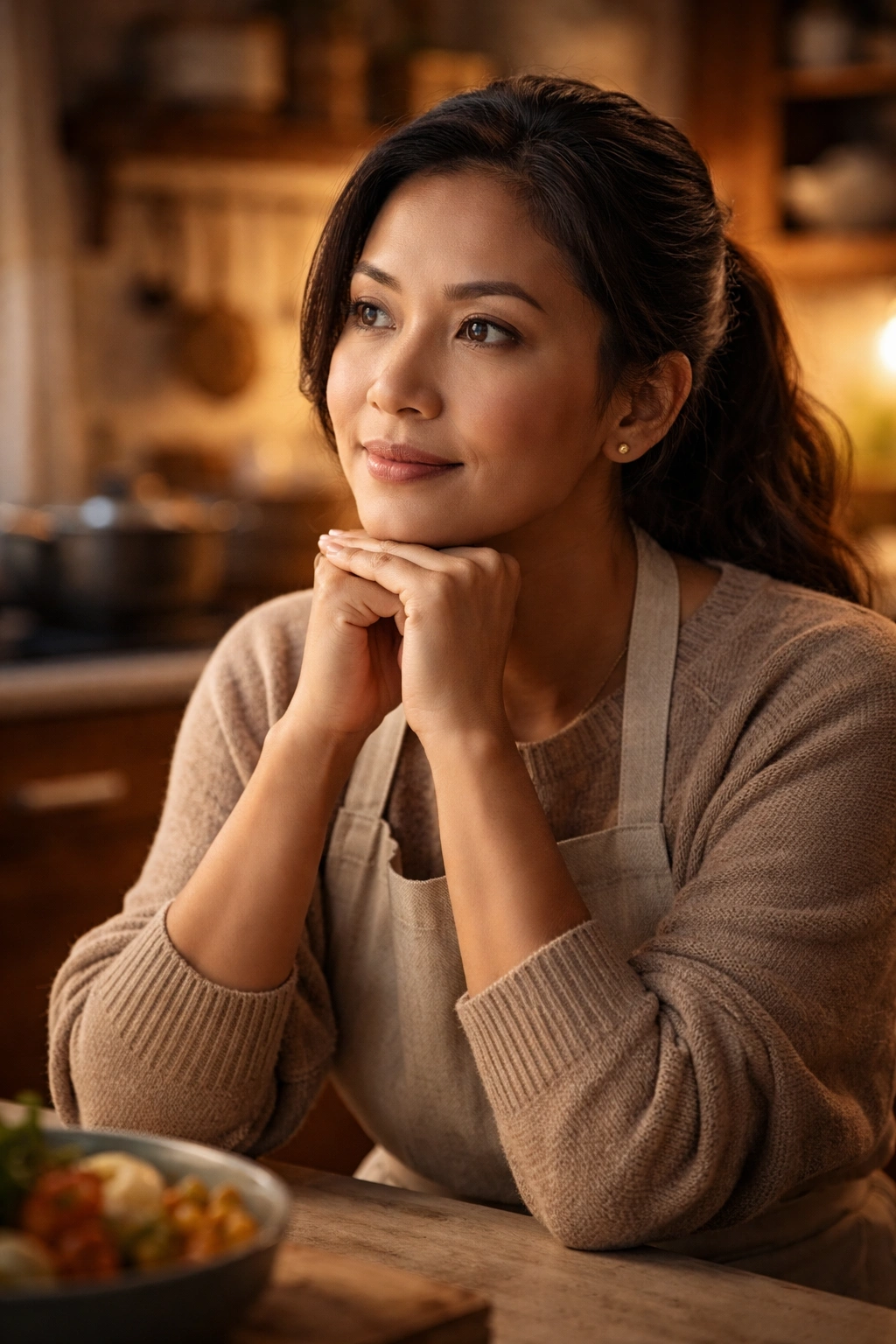 A thoughtful home cook in a warm kitchen, reflecting on weeknight Filipino dinners.
