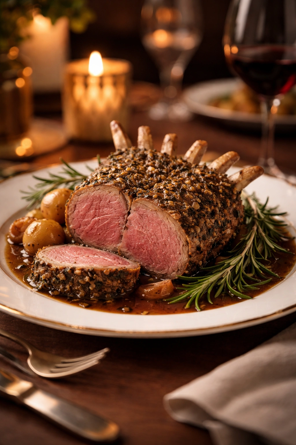 Elegant plated lamb roast with herb crust on a fine dining setup