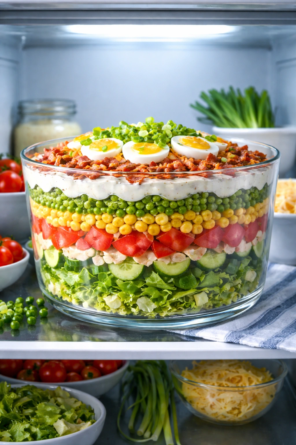 Finished layered salad in clear bowl with fridge lighting