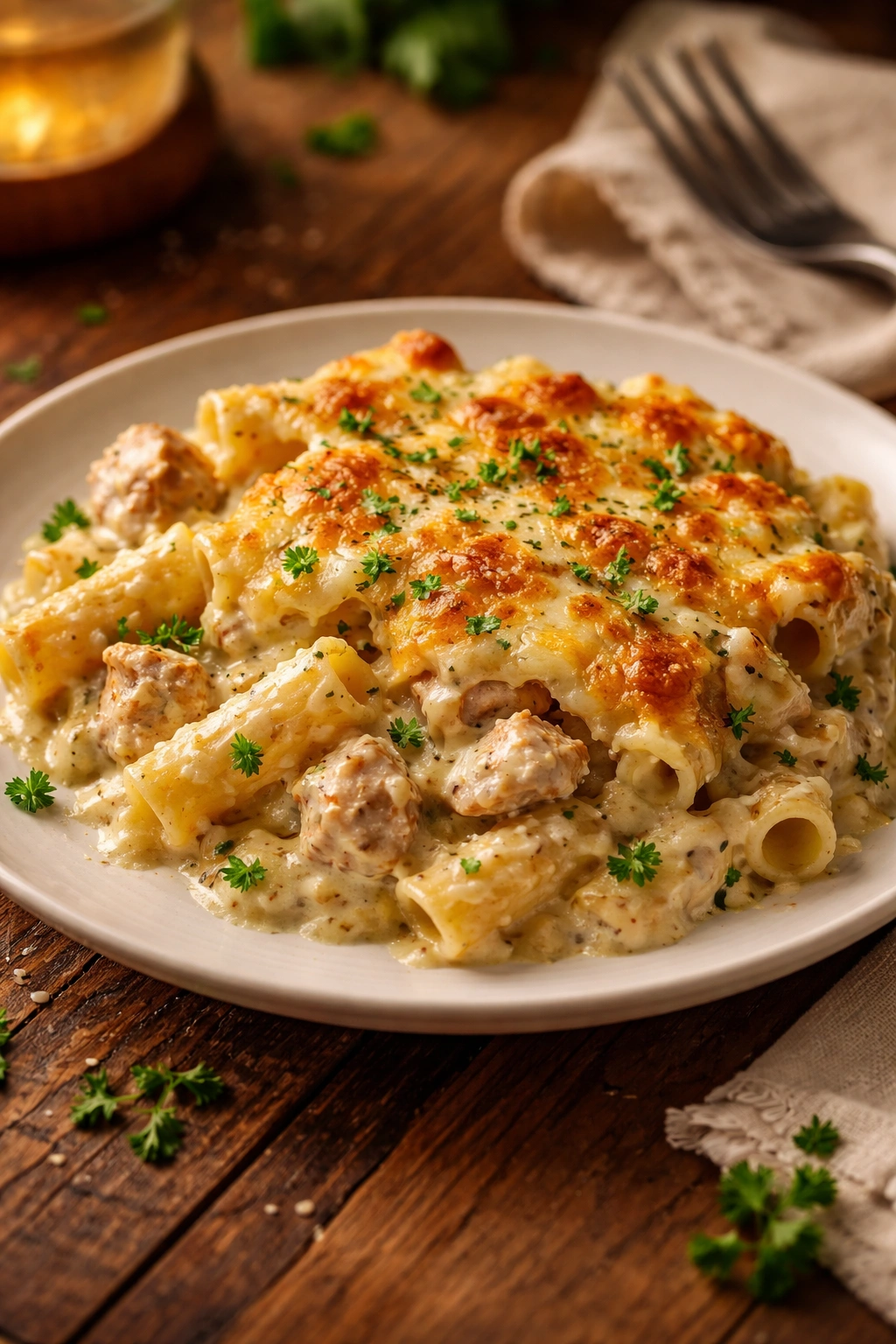 Warm plated Alfredo bake on wooden table