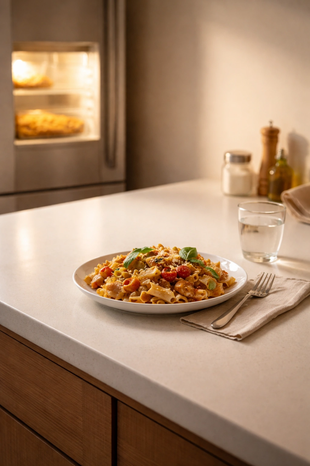 Minimalist kitchen with plate of leftovers on counter