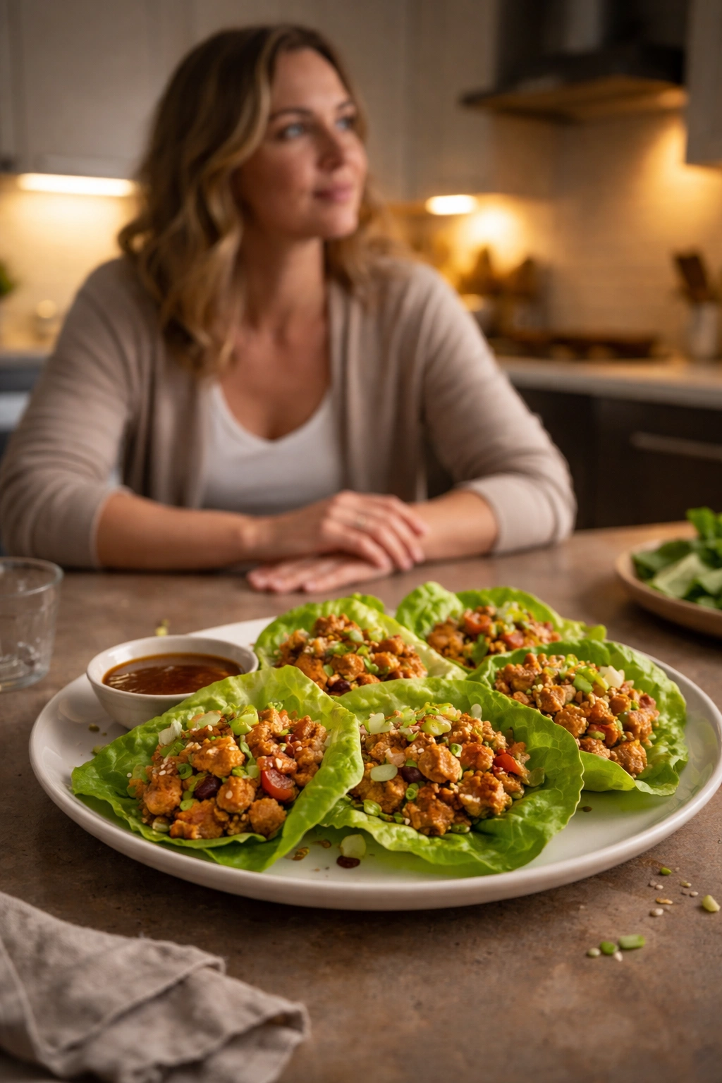 Contemplative diner at a kitchen table with a plate of crispy chicken lettuce wraps in foreground