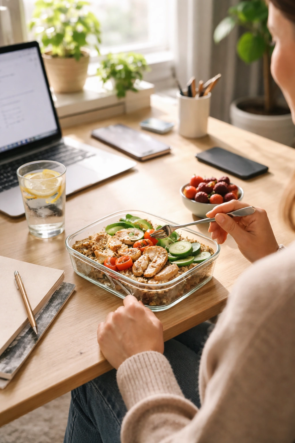 Calm home-office lunch scene with simple lunch container and relaxed posture