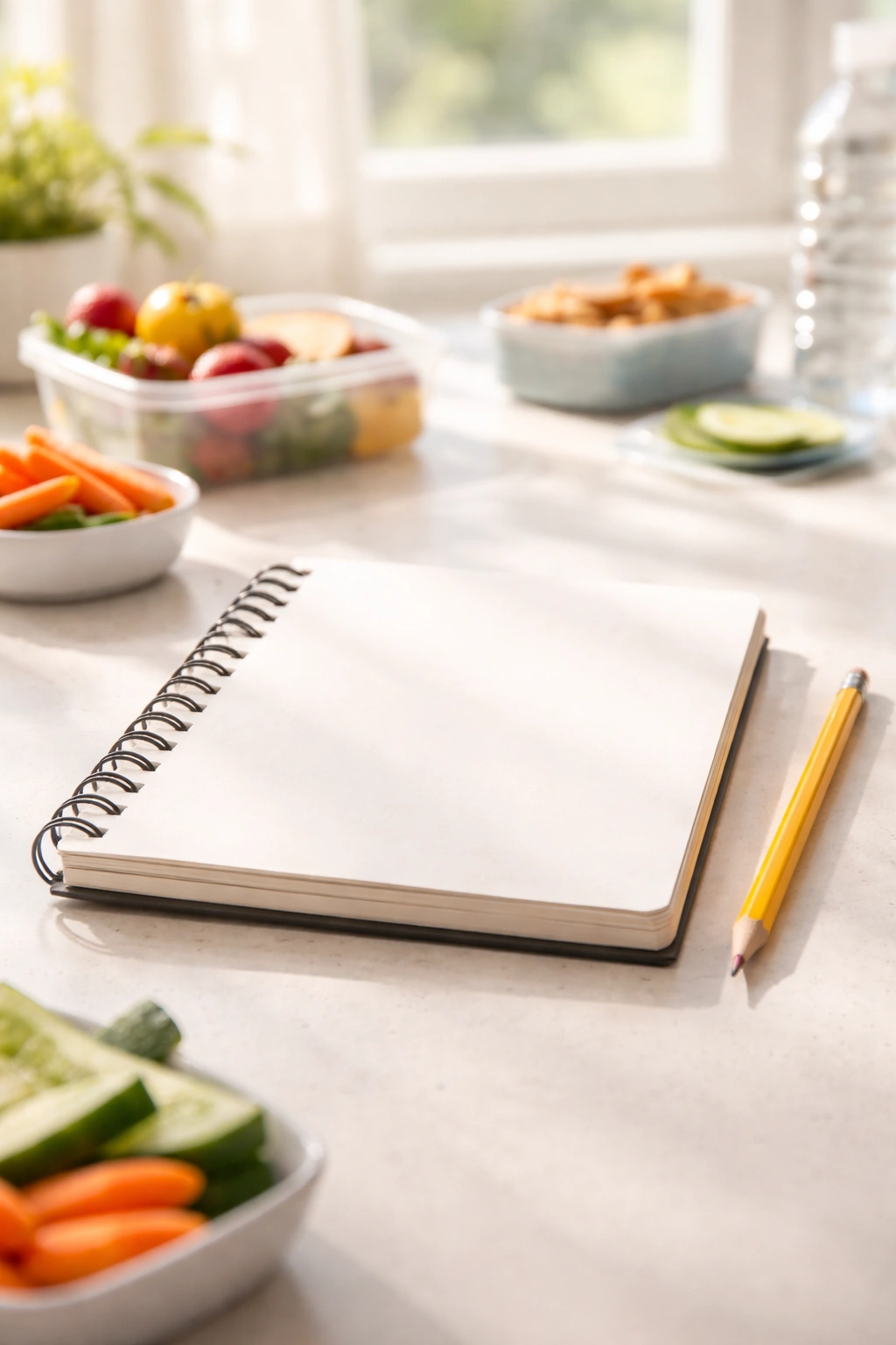 Minimalist notebook and pencil on a clean table, symbolizing reflection
