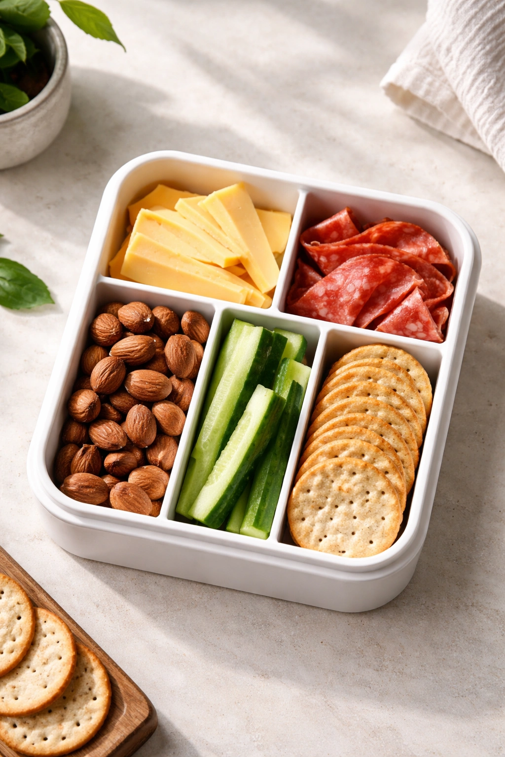 Minimal lunchbox with cheese, meat, nuts, vegetables, and crackers.