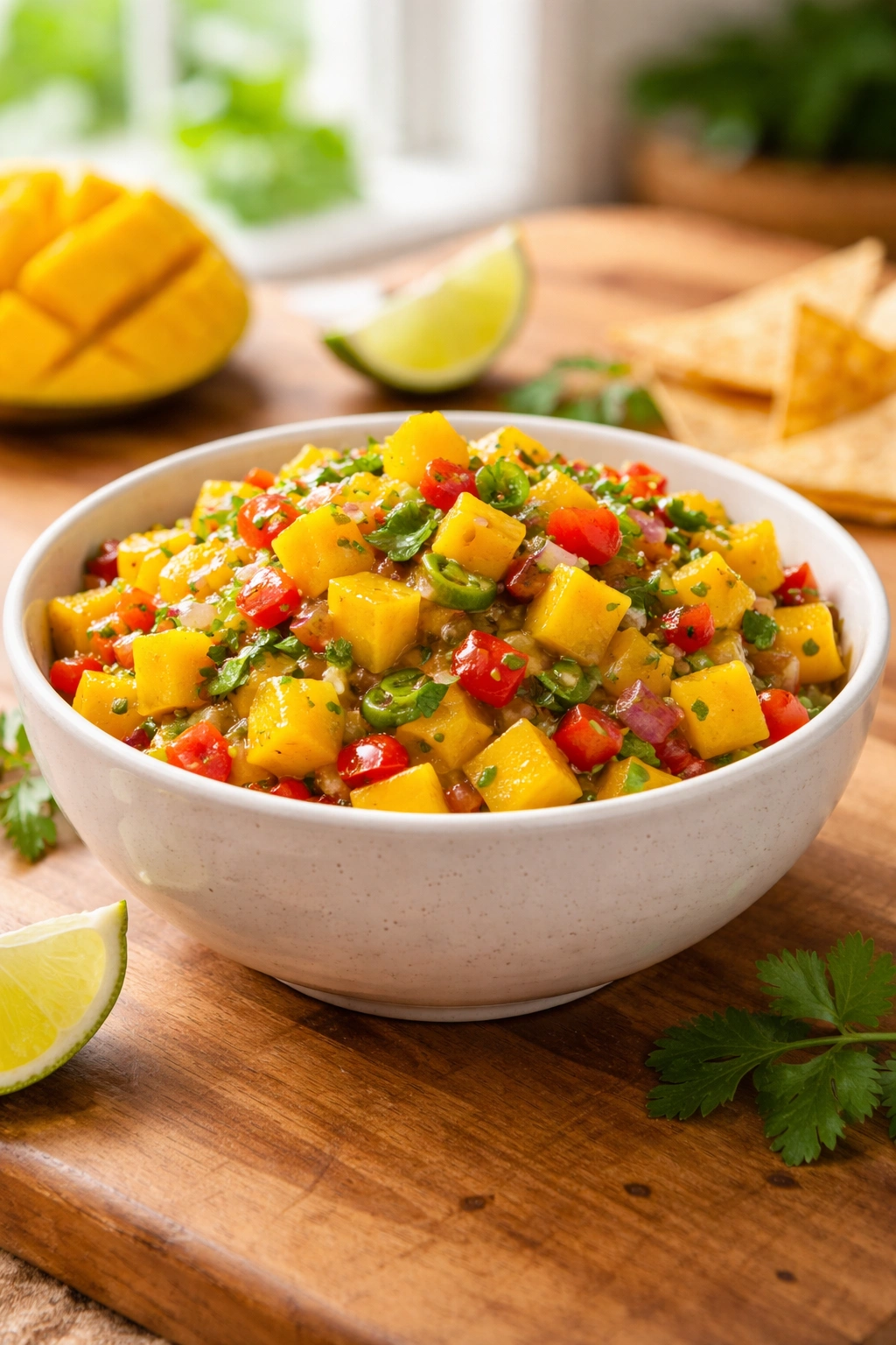 Contemplative scene with a bowl of bright mango salsa on a wooden surface bathed in natural daylight.