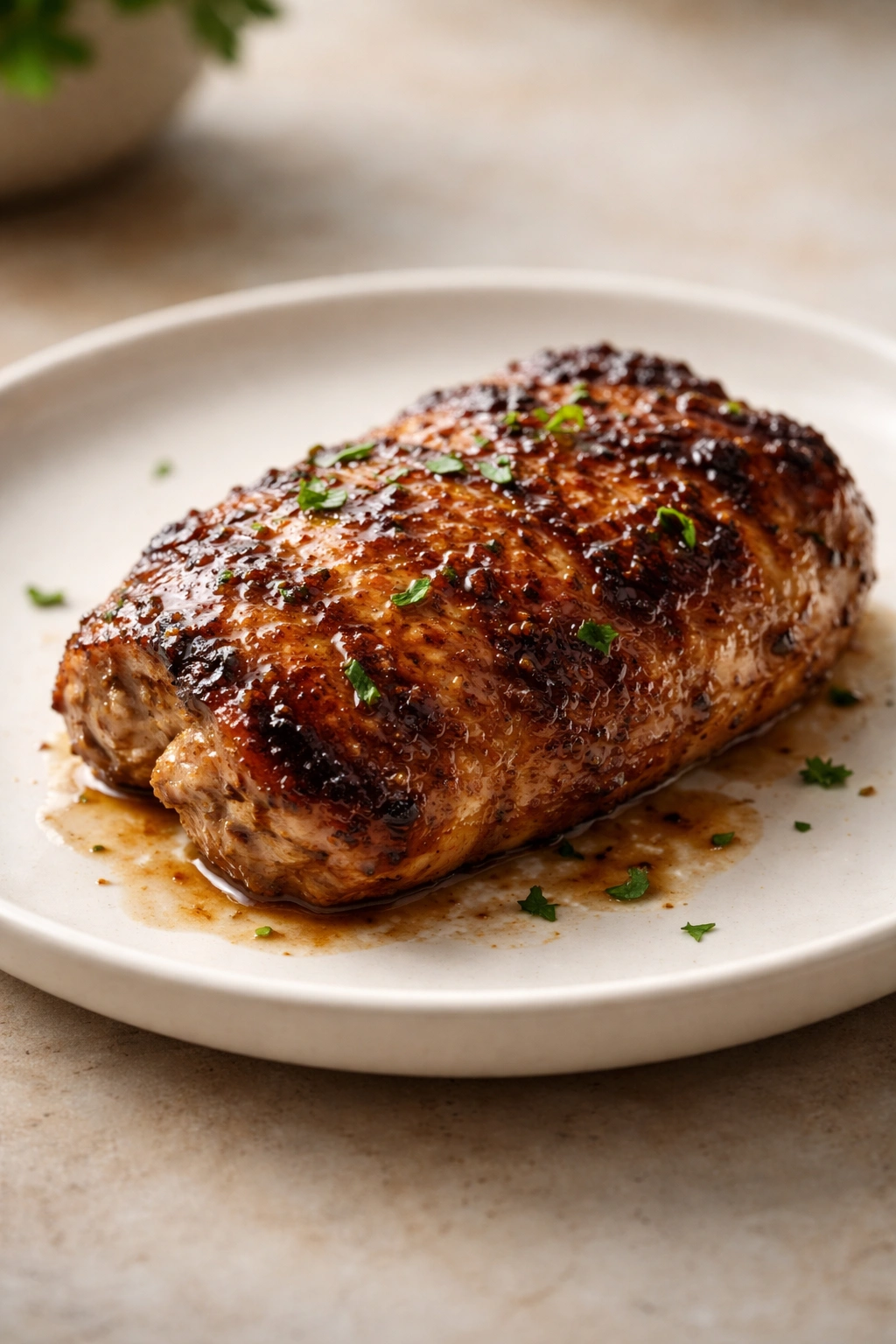 Single glazed meat on a plain plate