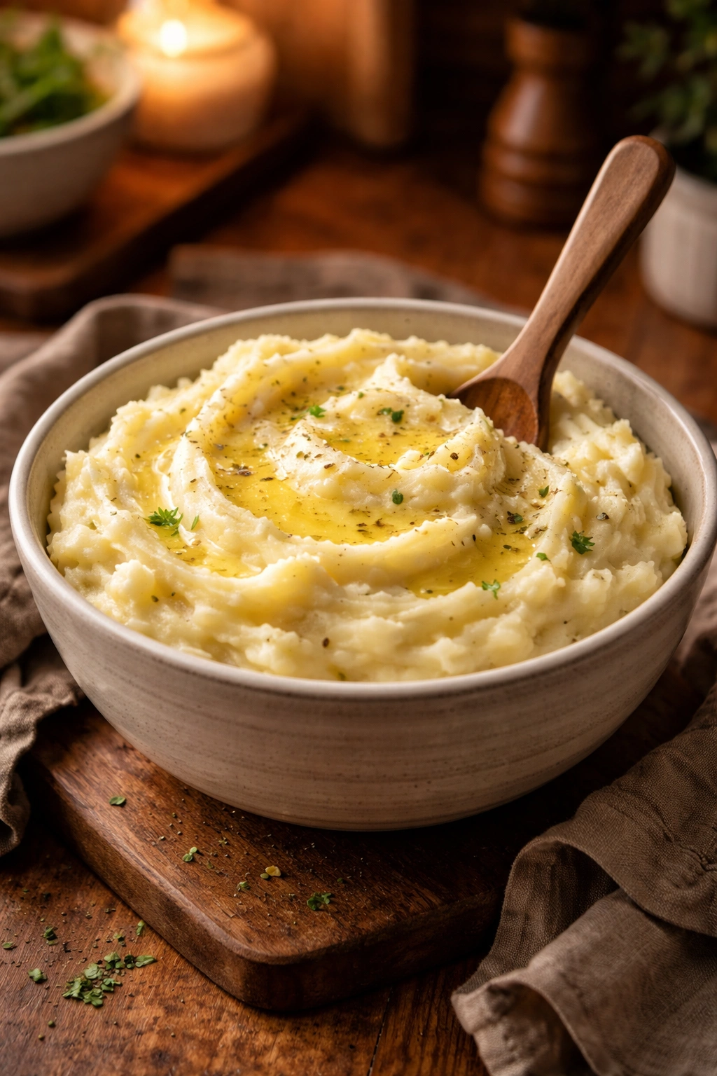Creamy mashed potatoes in a warm cozy kitchen