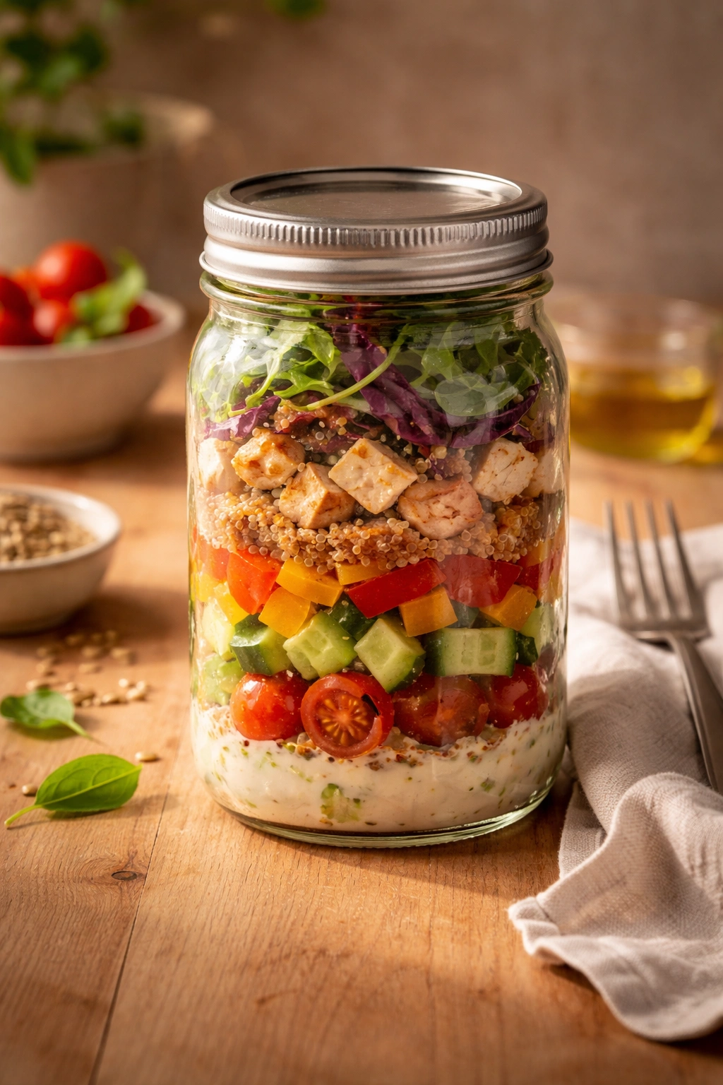 Single mason jar salad on wooden table with warm light, conveying final thoughts