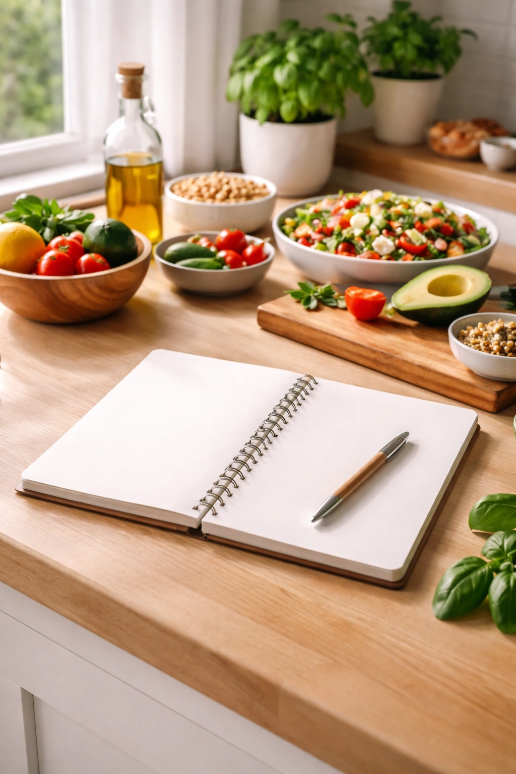 Minimalist kitchen scene with a blank notebook and pen for meal planning