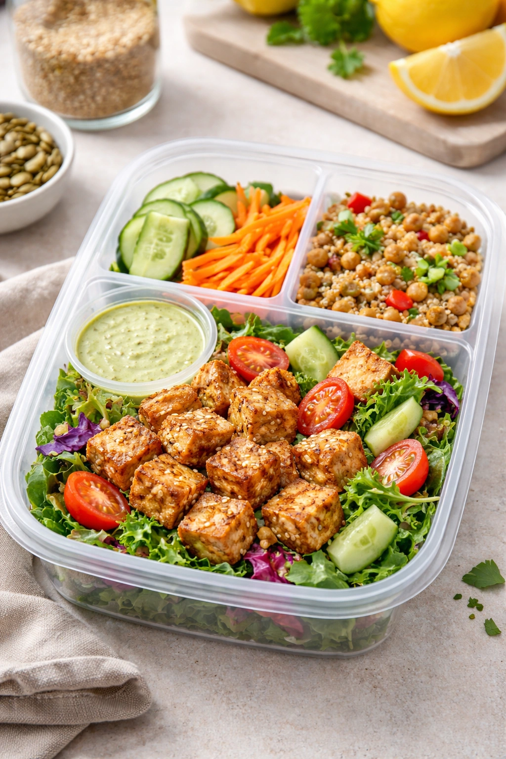 Completed tofu salad in a divided meal prep container
