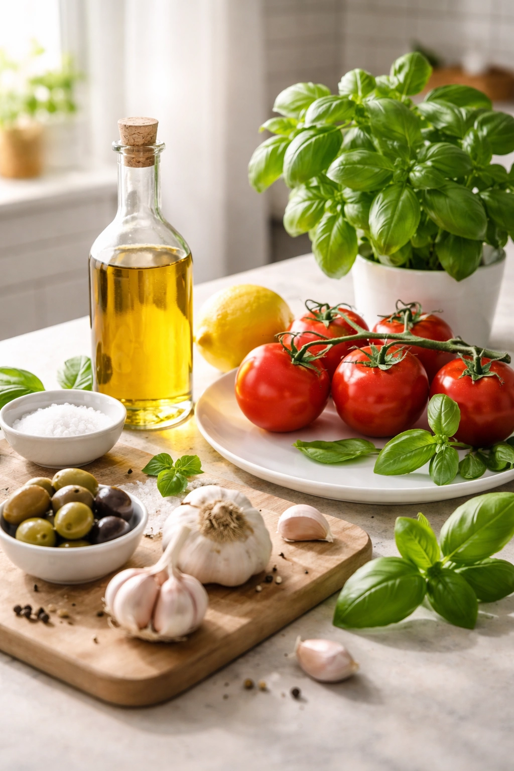 Flat lay of olive oil, tomatoes, garlic, basil, and a plate on a clean counter.