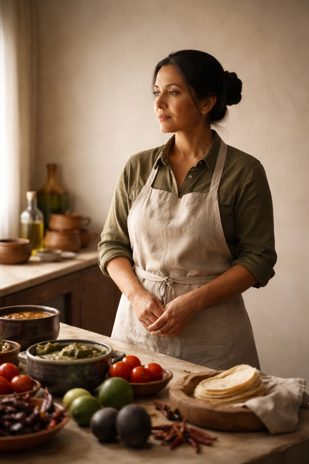 Solitary home cook in a minimal kitchen, reflecting after cooking authentic Mexican recipes