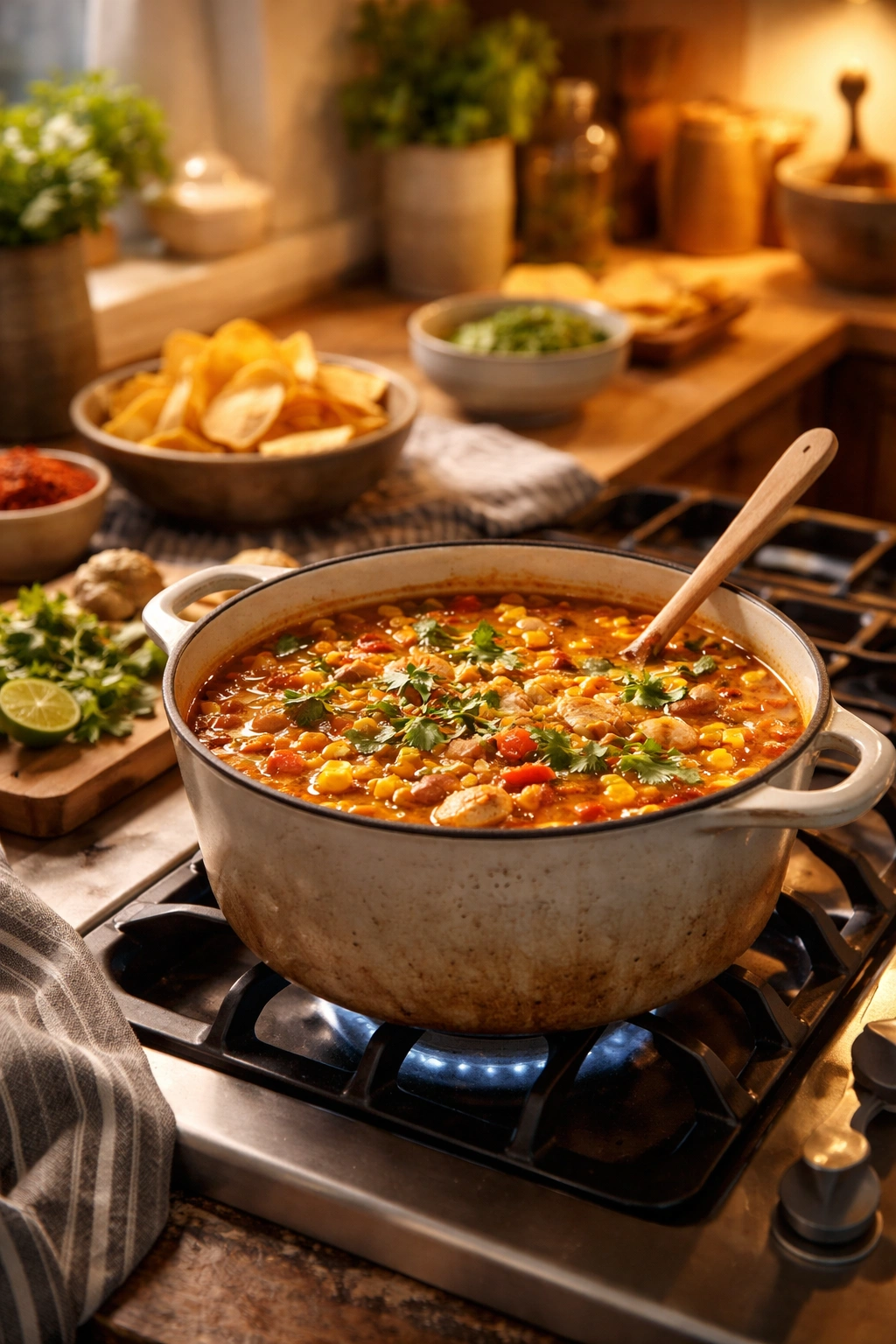 Cozy kitchen with a simmering soup pot and warm light