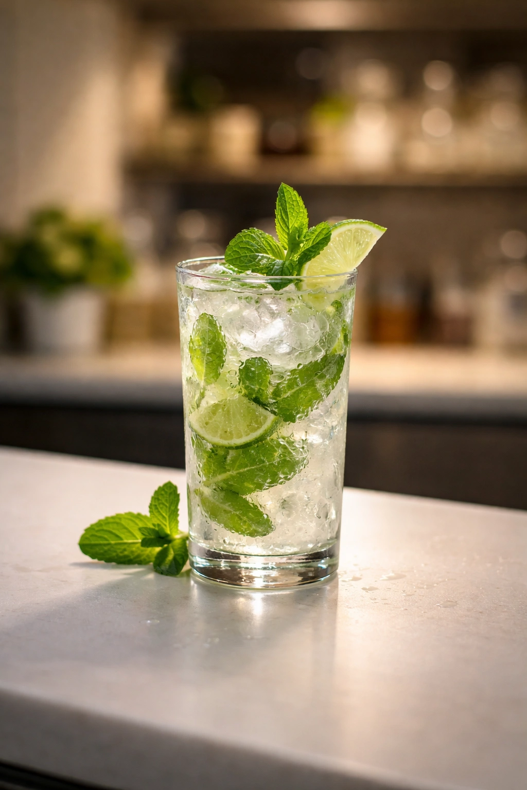 Pristine mojito with mint and lime, emphasizing final touches and precision
