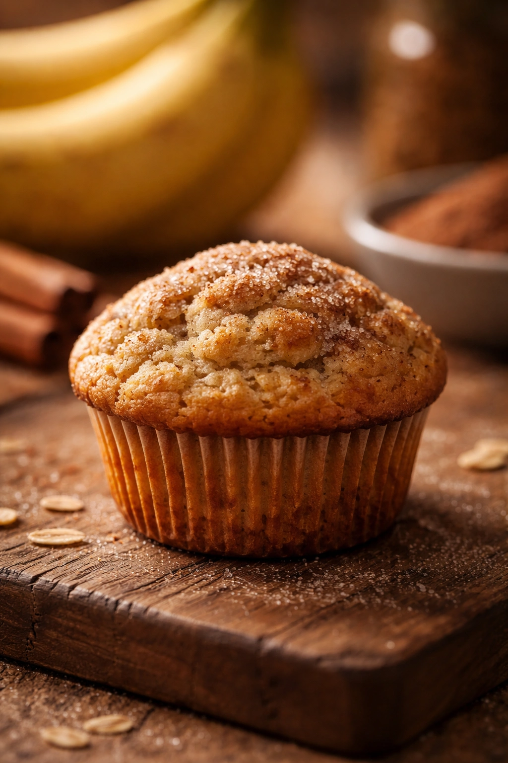 Single golden muffin on rustic wood with warm light
