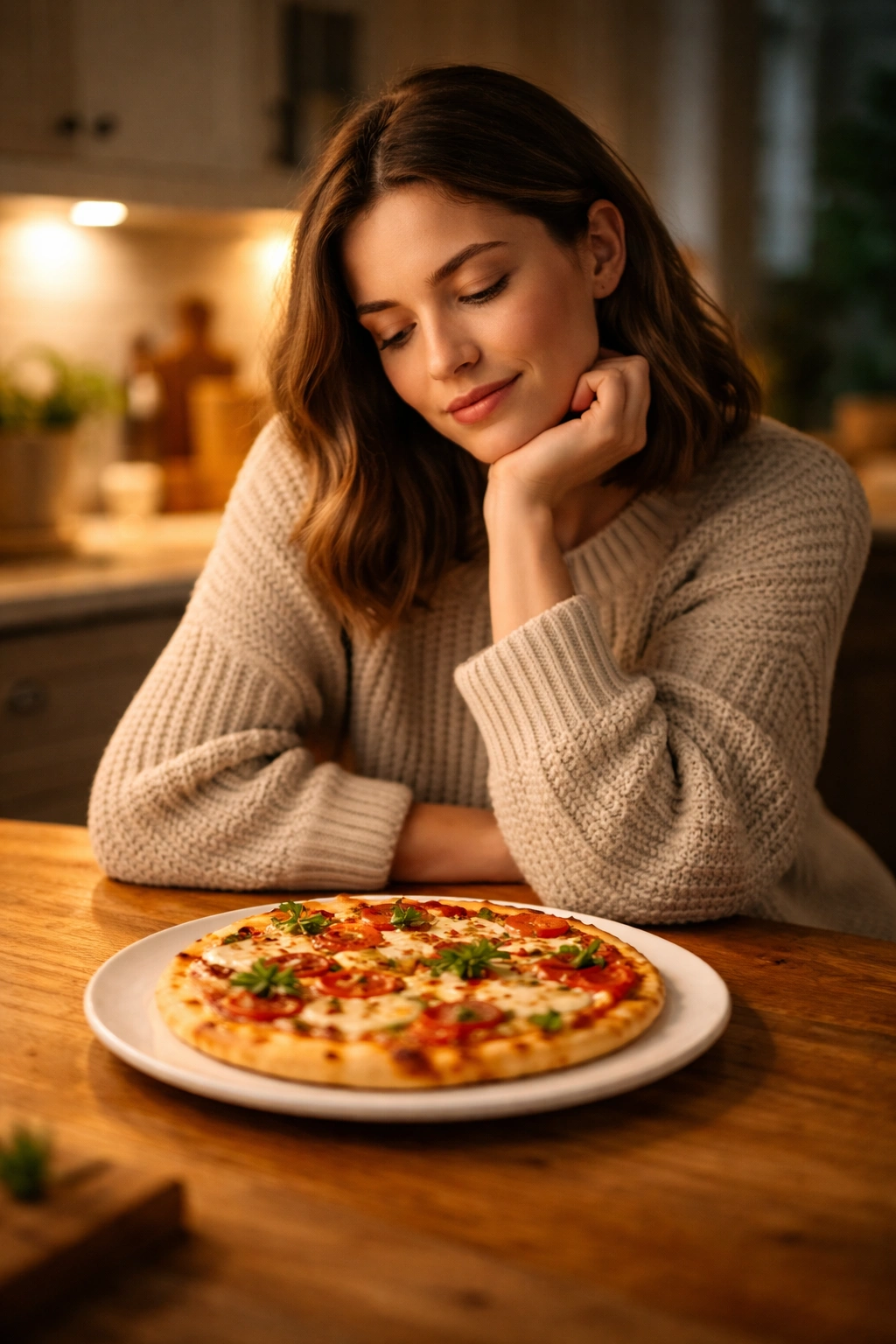 Contemplative home cook admiring naan bread pizza on a plate in a warm kitchen