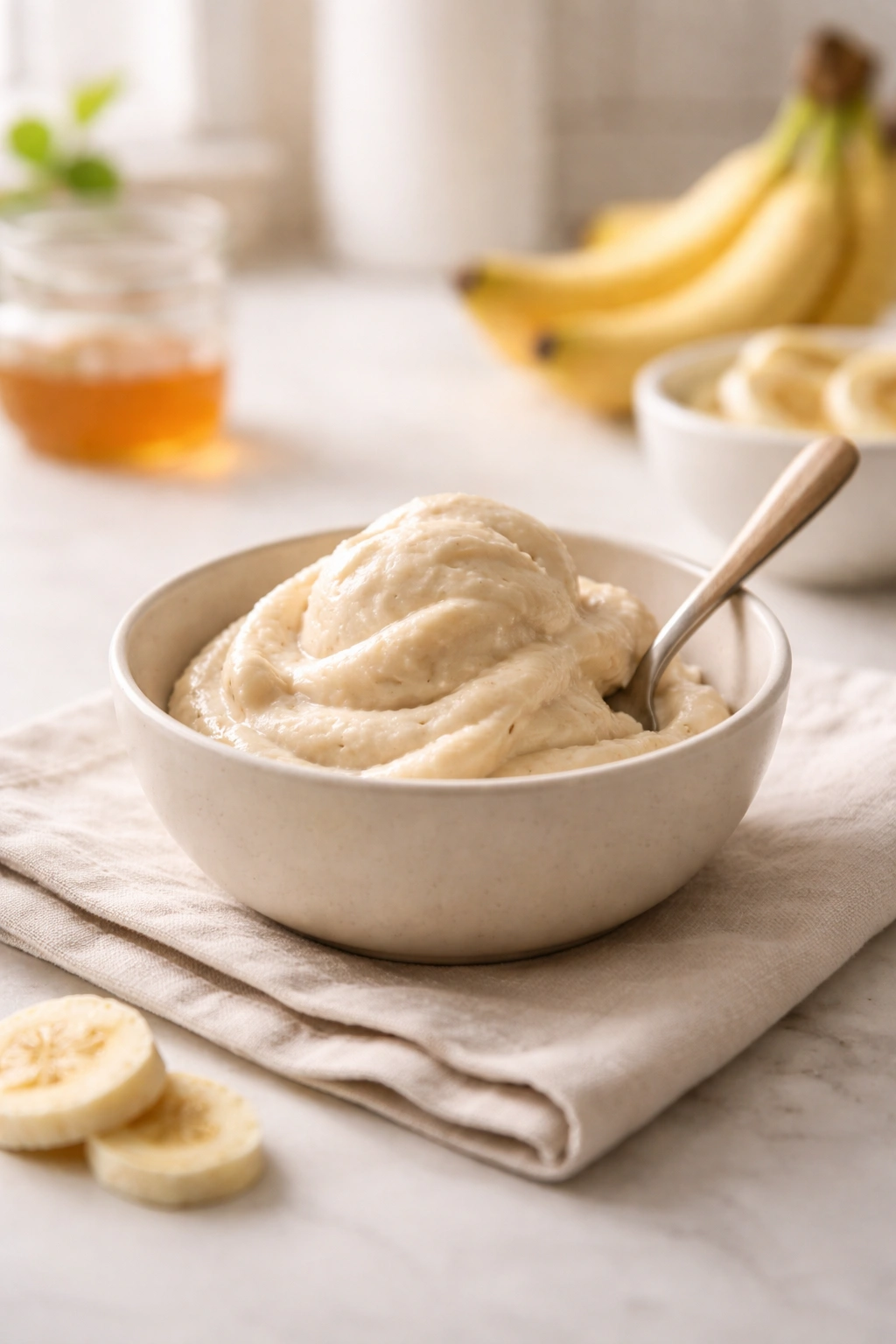 Minimal scene with a perfectly scooped nice cream in a bowl