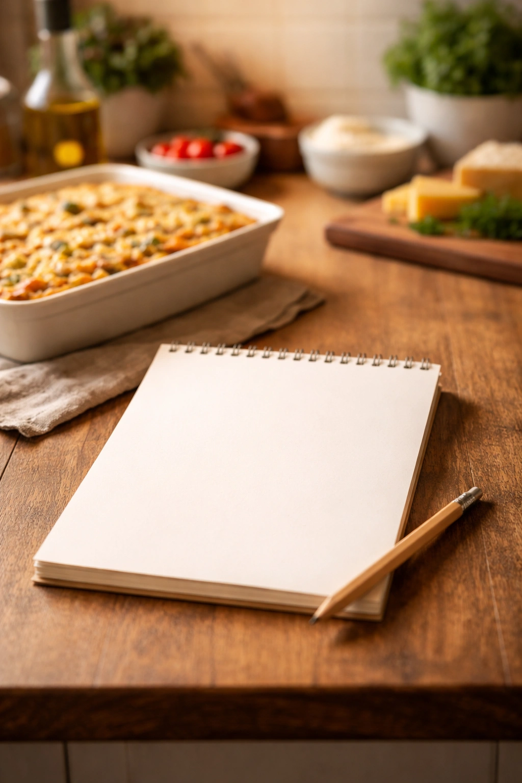 Minimal scene with blank notebook on kitchen counter