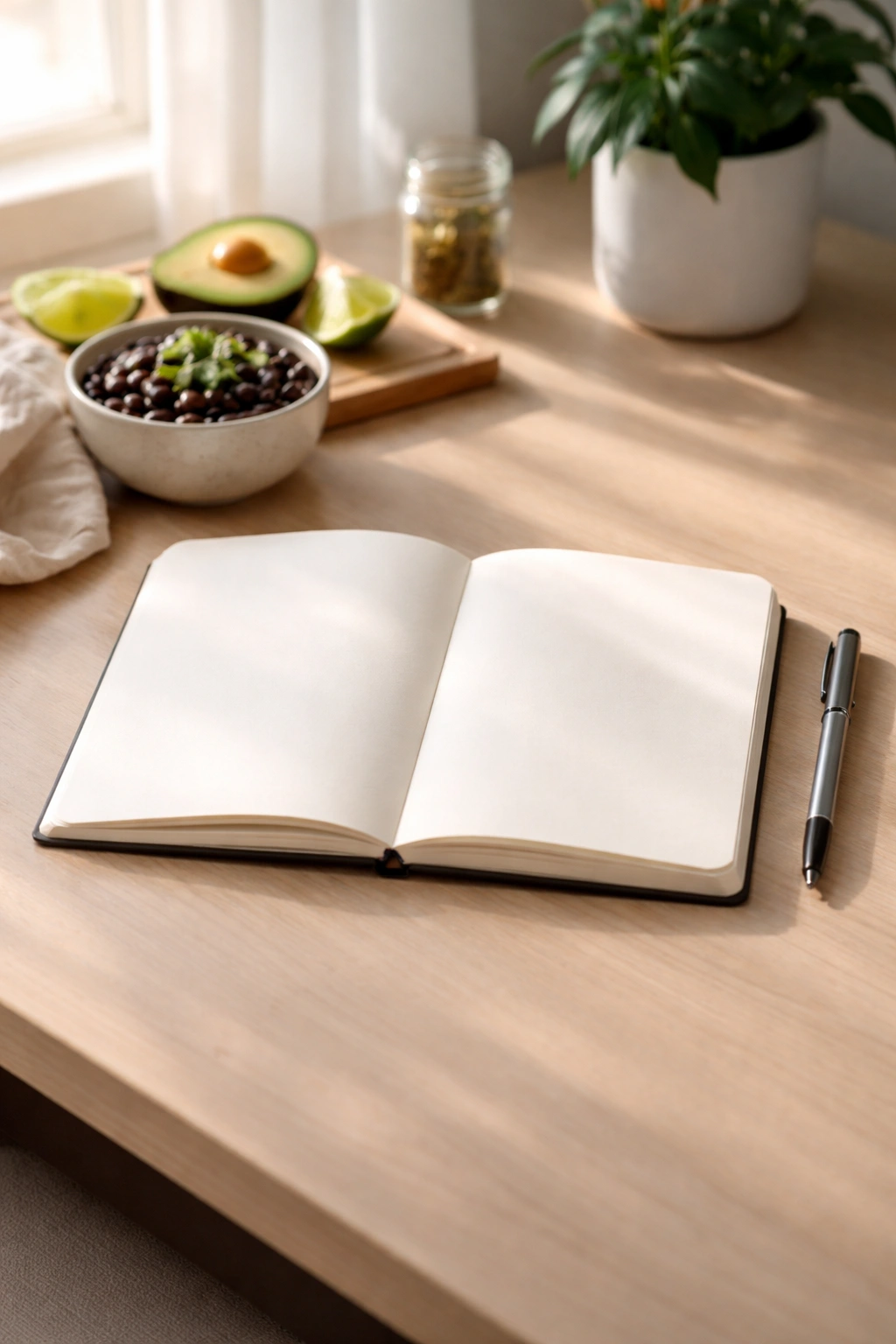 Minimalist desk with blank notebook and pen representing final thoughts