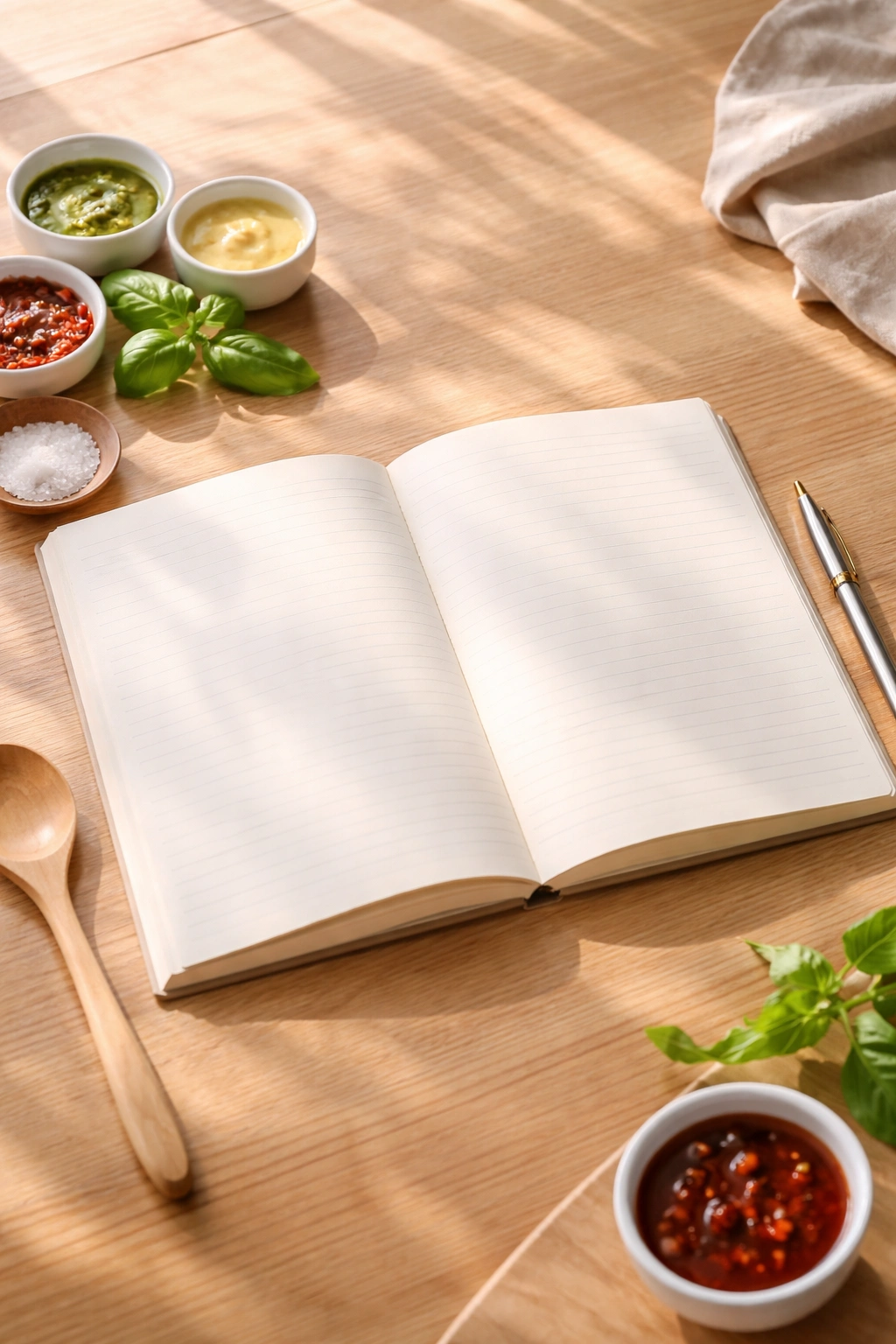 Open blank notebook on a wooden table under soft natural light